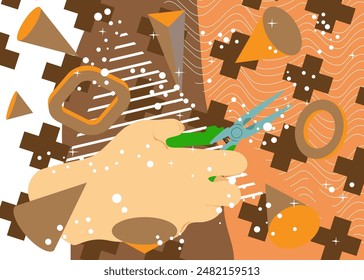 Pliers in hand geometrical graphic retro theme background. Minimal geometric elements. Vintage abstract shapes vector illustration.