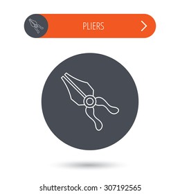 Pliers icon. Repairing fix tool sign. Gray flat circle button. Orange button with arrow. Vector