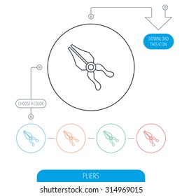 Pliers icon. Repairing fix tool sign. Line circle buttons. Download arrow symbol. Vector