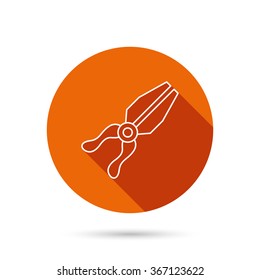 Pliers icon. Repairing fix tool sign. Round orange web button with shadow.