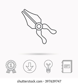 Pliers icon. Repairing fix tool sign. Download arrow, lamp, learn book and award medal icons.