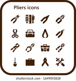 pliers icon set. 16 filled pliers icons. Included Pliers, Tools, Tool, Toolbox, Plier, Awl icons