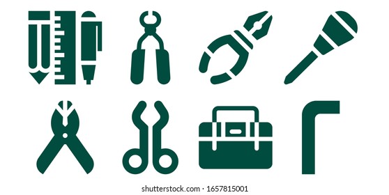 pliers icon set. 8 filled pliers icons.  Simple modern icons such as: Pliers, Tools, Tool, Toolbox, Allen keys, Awl