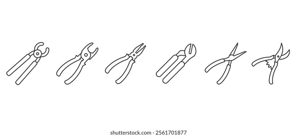 Pliers icon set. Carpentry and workshop equipment icons. Work tools. A set of work tools. Collection of repair and construction tools in line style vector illustration on transparent background