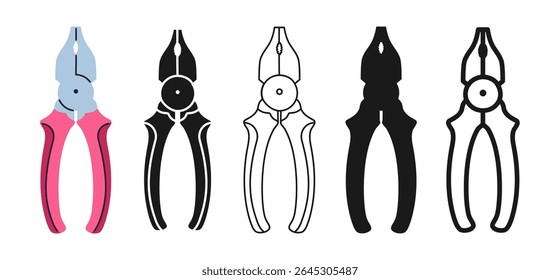 Pliers icon symbol or silhouette set. Builder, electrician repair tool sign professional construction. Simple icon wrench pliers repair stylized hand tool vector design element isolated illustration