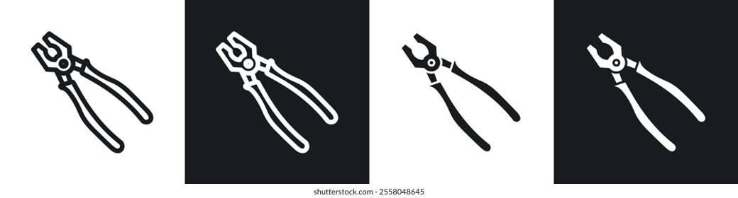 Pliers icons pack in black and white filled and outlined versions.