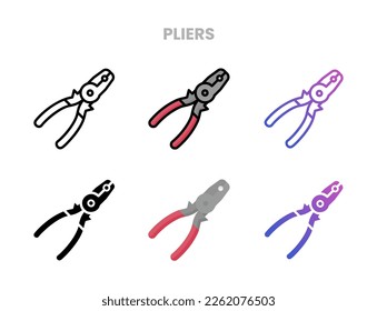 Pliers icons vector illustration set line, flat, glyph, outline color gradient. Great for web, app, presentation and more. Editable stroke and pixel perfect.