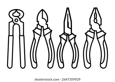 Pliers Line Art Illustration Set for Various Gripping and Cutting Tasks
