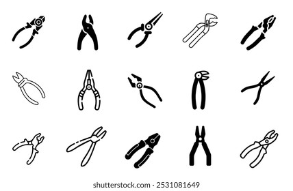 Pliers line black and white background icons set