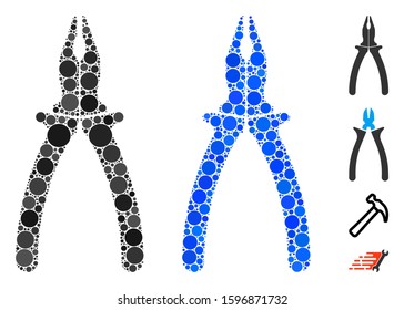 Pliers mosaic of small circles in variable sizes and shades, based on pliers icon. Vector small circles are united into blue composition. Dotted pliers icon in usual and blue versions.