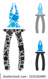 Pliers mosaic of unequal pieces in variable sizes and color tinges, based on pliers icon. Vector raggy pieces are composed into mosaic. Pliers icons collage with dotted pattern.