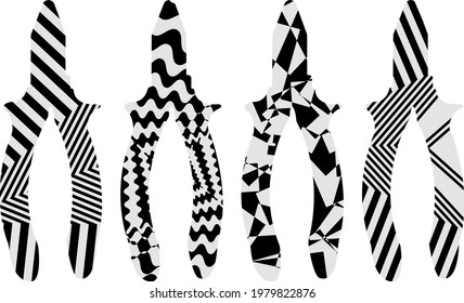 Zangen auf weißem Hintergrund mit unterschiedlichen Mustern im Stil der modernen Op-Art-Symbole