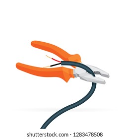 Pliers. Pliers realistic flat style vector illustration. Pliers cutting cable.