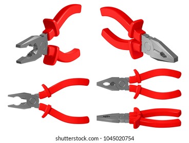 pliers with red plastic pens, in different positions, isolated on white background