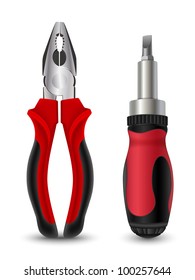Pliers and screwdriver on white background. Professional tools. Vector