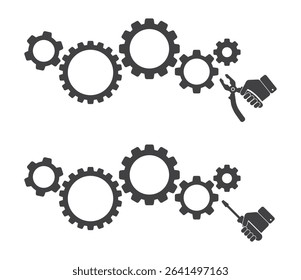 pliers and screwdriver tool for work in human hand fix cog gear wheel mechanism repair icon set