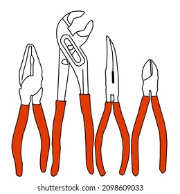 pliers set, combination, cutting, razor, elder brother. Vector illustration.