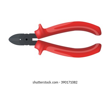Pliers side cutter with plastic handles, for working with electricity and plumbing. Tool electrician and carpenter. Red color. Isolated on white background.