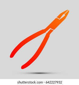 Pliers sign illustration. Vector. Orange, red-yellow icon with shadow on gray background.