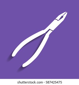 Pliers sign illustration. Vector. White icon with soft shadow on grape violet background.