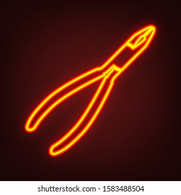 Pliers sign illustration. Yellow, orange, red neon icon at dark reddish background. Illumination. Illustration.