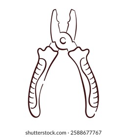 Pliers tool icon in line art style. Hand drawn logo of repair tool for Construction business isolated on a white background.