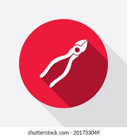 Pliers tool icon. Repair fix symbol. Round red circle flat icon with long shadow. Vector