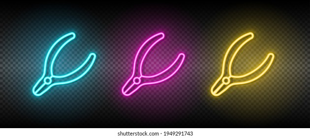 pliers, tool vector icon yellow, pink, blue neon set. Tools vector icon