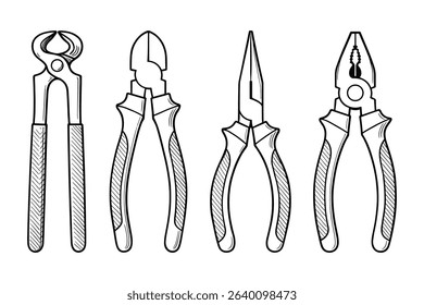 Pliers Vector Set Black Outline on White Background for Electrical and Repair Projects