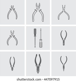 Pliers, Wire Cutter And Screwdriver Vector Icons.