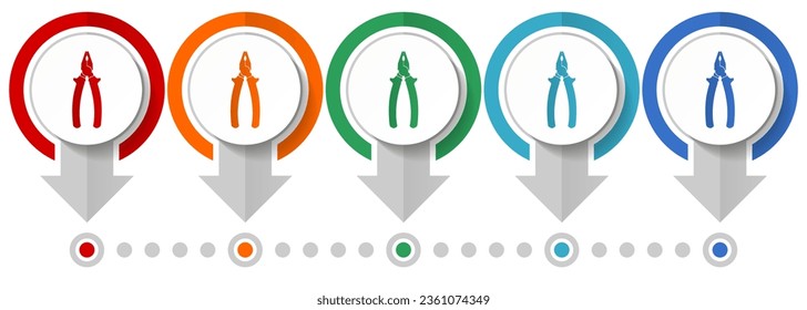 Pliers,service, tool, equipment vector icon set, flat design infographic template, set pointer concept icons in 5 color options for webdesign and mobile applications