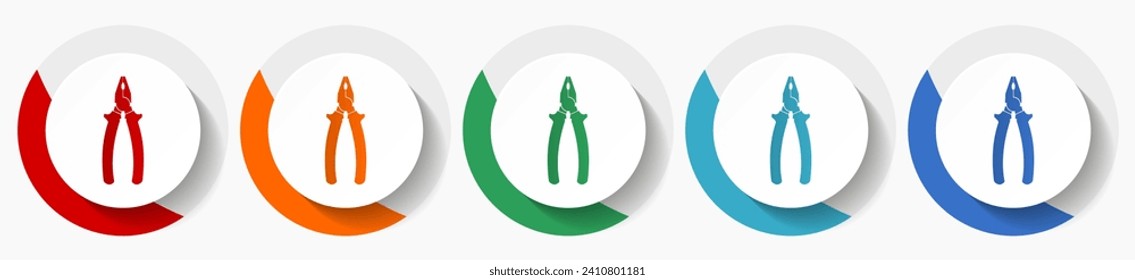 Zangen, Service, Werkzeug, Ausrüstung, Vektorsymbol-Set, flache Symbole für Logo-Design, Webdesign und mobile Anwendungen, bunten runde Buttons