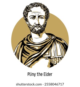 Pliny the Elder is an ancient Roman writer and erudite author. He is the author of Natural History, the largest encyclopedic work of antiquity. Hand-drawn vector illustration