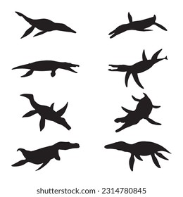 colección de conjuntos de silueta de pliosauro aislado negro sobre fondo blanco ilustración vectorial