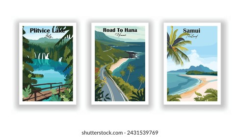 Plitvice Lake, Italy. Road To Hana, Hawaii. Samui, Thailand - Set of 3 Vintage Travel Posters. Vector illustration. High Quality Prints