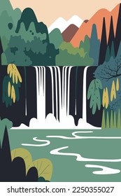 Plitvice Lakes National Park Croatia mountain river waterfall nature landscape flat vector illustration poster