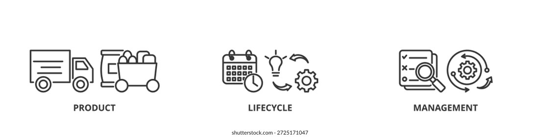 Concepto de Ilustración vectorial de Anuncio PLM con íconos de producto, ciclo de vida y gestión