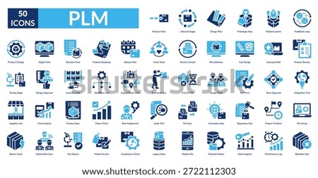 Plm Fill Icon Set. Product Flow, Lifecycle Stage, Design Plan, Prototype Idea, Market Launch, Feedback Loop, Product Review