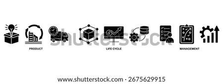 PLM icon set vector illustration concept for product lifecycle management with innovation, development, manufacture, delivery, cycle, analysis, planning, strategy, and improvement icon