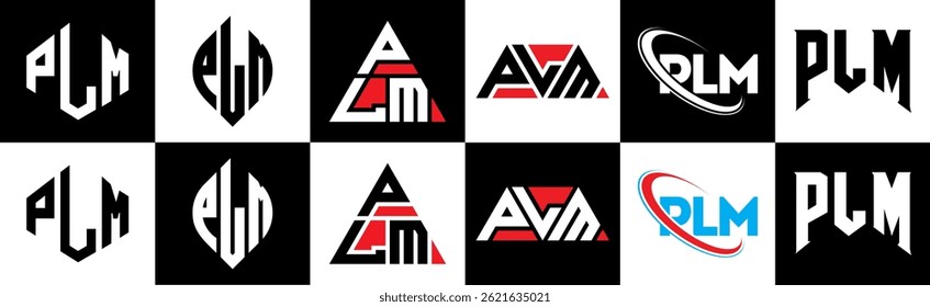 PLM letter logo design in six style. PLM polygon, circle, triangle, hexagon, flat and simple style with black and white color variation letter logo set in one artboard. PLM minimalist and classic logo
