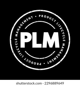 PLM Product Lifecycle Management - process of managing the entire lifecycle of a product from its inception through the engineering, design and manufacture, acronym text stamp