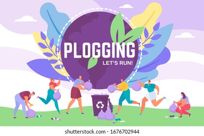 Plogging banner lets run to clear the world, vector illustration of people picking up litter during plogging eco marathon. Recycle while jogging eco activists movement for ecology protection.