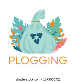 Plogging banner, run for Earth concept. Modern eco trend, picking up plastic garbage during jog or running. Eco friendly and healthy lifestyle. Flat vector illustration