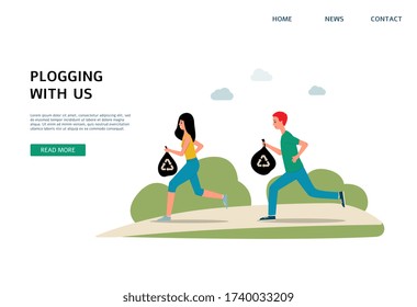 Plogging banner template - cartoon runners jogging and picking up litter trash from summer park. Plogger couple running and cleaning garbage - flat vector illustration.