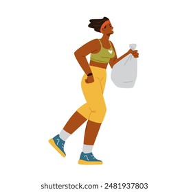 Plogging concept. African American woman running and collecting garbage flat vector illustration isolated on white.