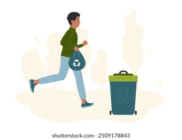 Concepto de plgging. Jóvenes adultos negros corren con una bolsa de basura. La tendencia de entrenamiento ecológico. Ilustración vectorial aislada sobre fondo blanco.