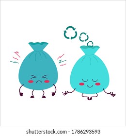 Plogging concept. Cute Garbage bag cartoon character. A symbol of a healthy lifestyle and respect for the environment. Garbage collection. Vector illustration.