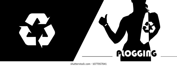 Plogging concept. A female silhouette with big thumbs up and a recycle symbol. Fitness tracker on her hand. Plocka up design for green environment movement. Vector.