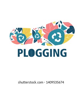 Plogging. The concept of a healthy and eco-friendly lifestyle. Running and garbage collection. Trail of shoes, flowers and leaves. Icon, logo, symbol. Flat Vector Illustration