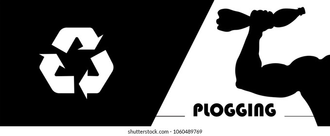Plogging concept. A human silhouette man muscular hand holding a trash bottle with recycle symbol. Plocka up design for green environment movement. Vector